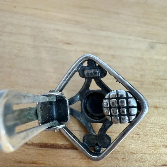 Vintage Diamond Shape Black Onyx Clip On Silver Earrings Rennaisance Victorian - Picture 7 of 8